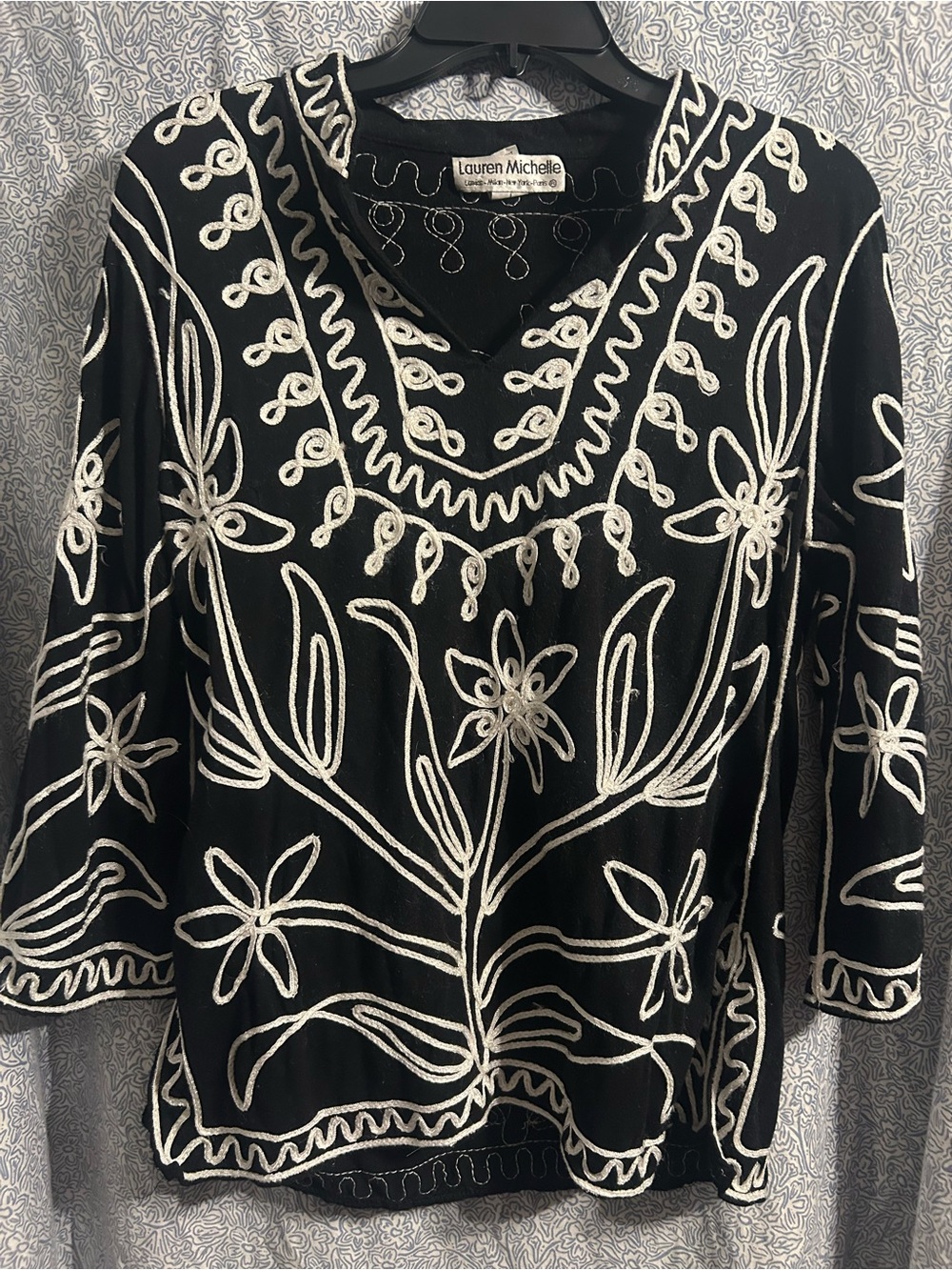 Lauren Michelle Black Tunic with White Embroidered Scrollwork